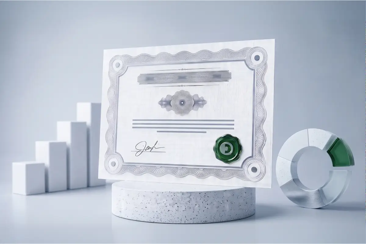 1. Certifikát s ozdobným rámem a zelenou pečetí stojící na podstavci vedle kruhového grafu.