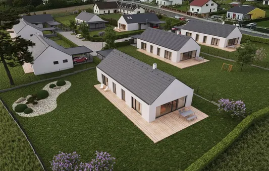 Vizualizace nízkoenergetických rodinných domů se zahradami ve Struhařově z ptačí perspektivy