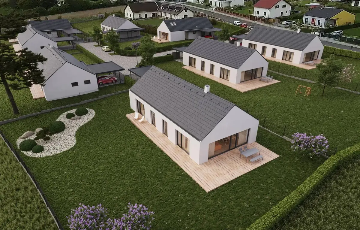 Vizualizace nízkoenergetických rodinných domů se zahradami ve Struhařově z ptačí perspektivy