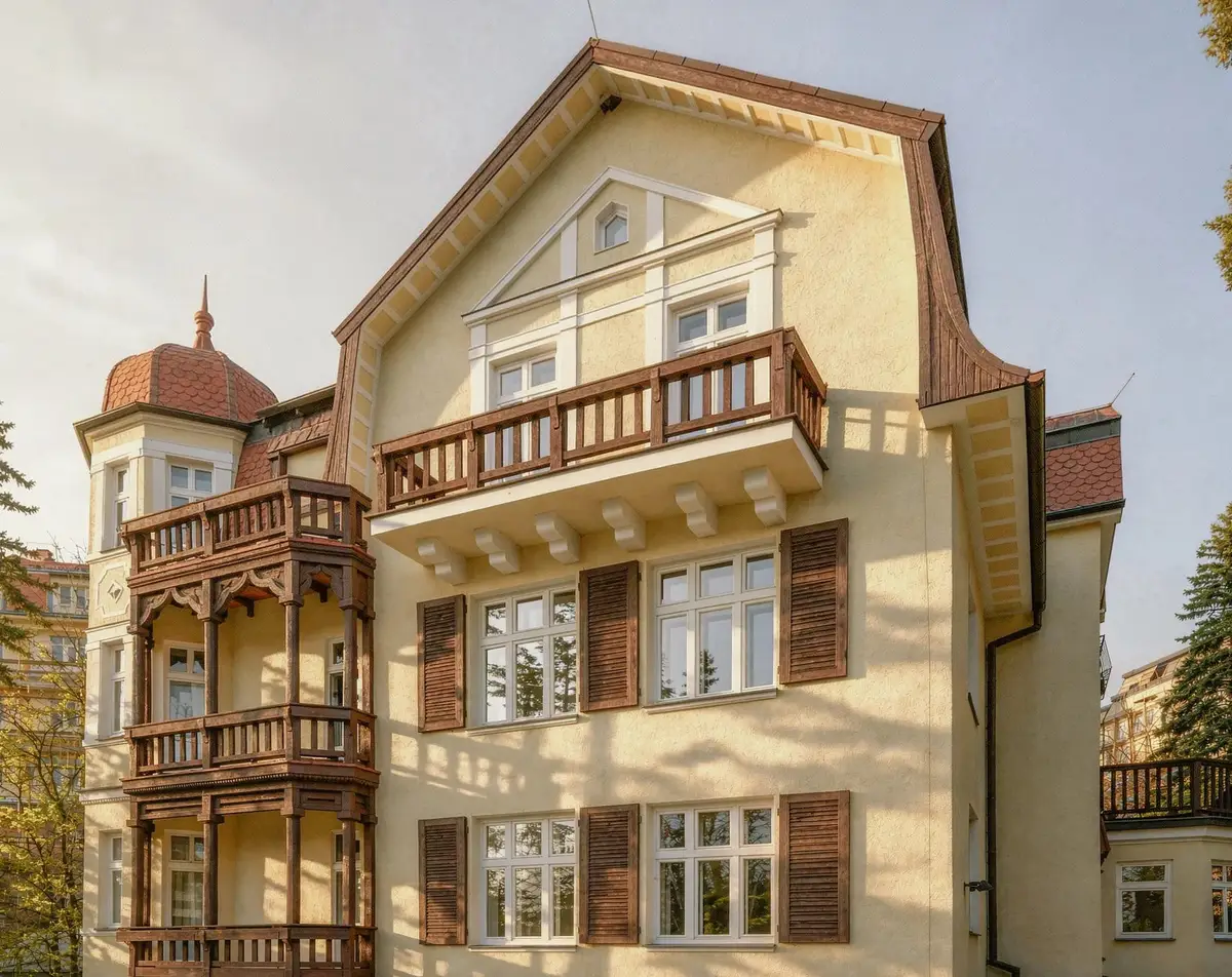 Historický lázeňský dům v Karlových Varech s dřevěnými balkony a arkýřem, pohled na fasádu.
