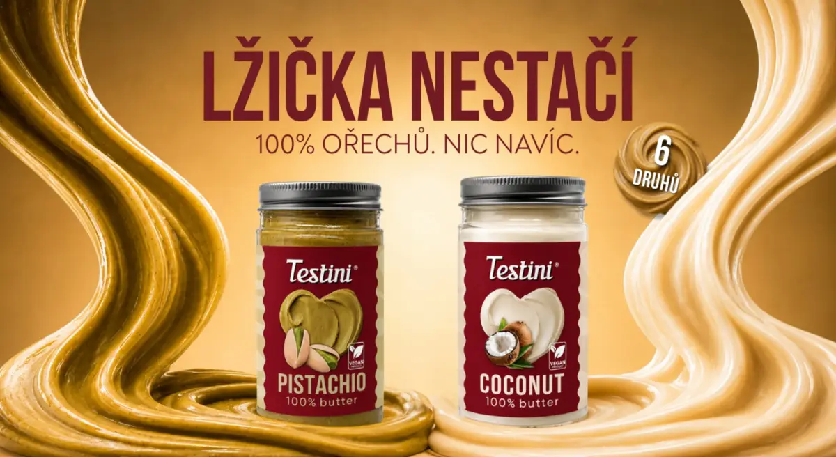Ořechová másla Testini (pistácie a kokos) s heslem „Lžička nestačí".